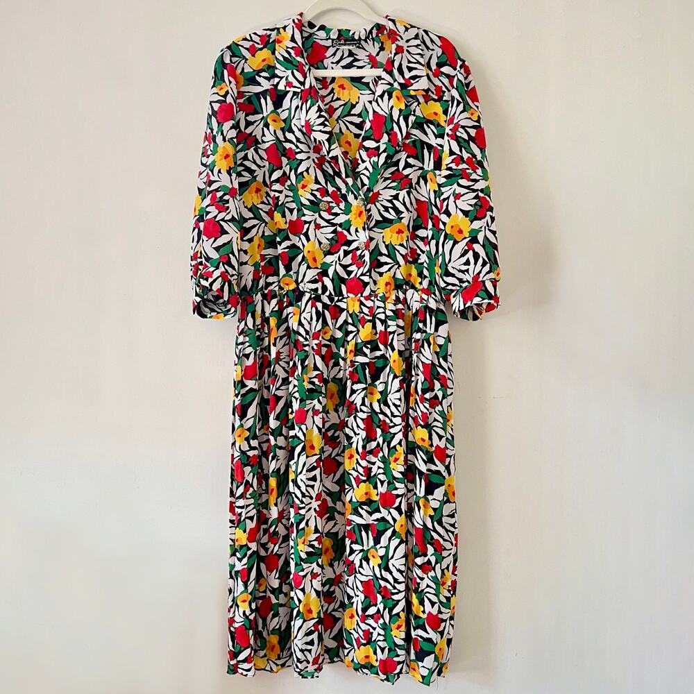 Vintage 80s Floral Short Sleeve Collared Secretary Midi Dress / 18